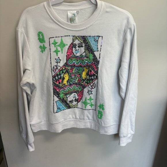 Queen of Sparkles Queen of Hearts Card Sequin Sweatshirt size S - Picture 1 of 5